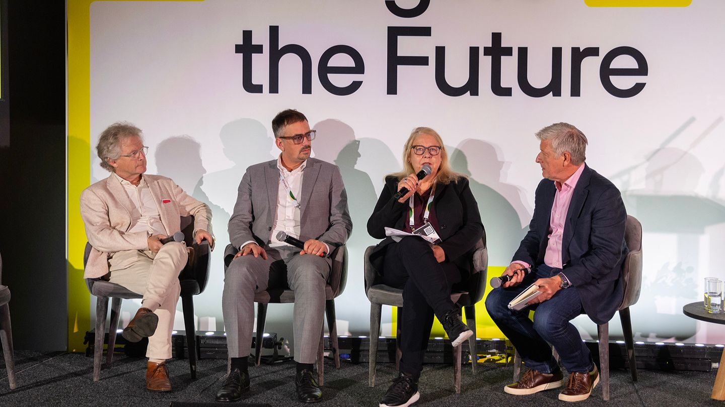 L-R Michiel Scheffer, President of the Board - European Innovation Council; Stefan Kollinger, Chief Innovation Officer, ORF & Chair, EBU AI Accelerator – ORF; Anette Schaefer, CEO - EIT Culture & Creativity; Moderator Mark Smith, Project Lead, IBC Accelerators & Chair of the IBC Council - IBC 